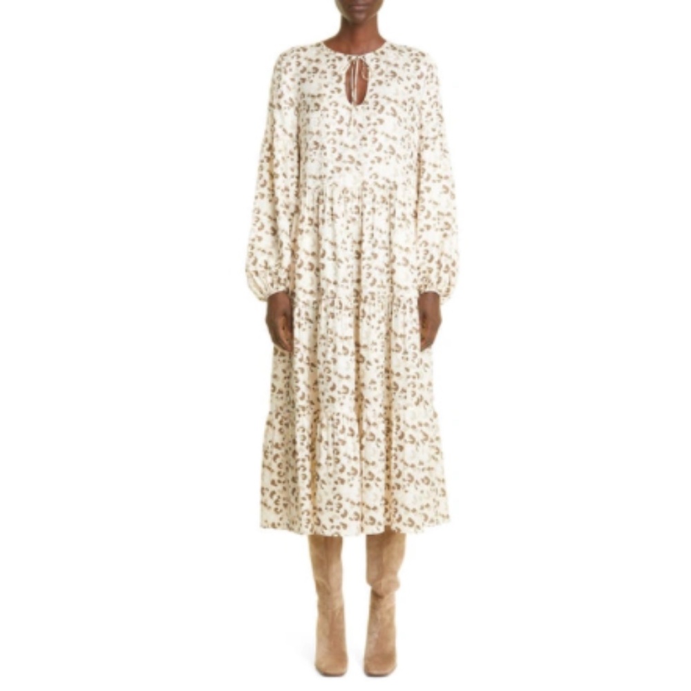 Lafayette 148 Print Long Sleeve Silk Midi Dress in Raffia Multi
